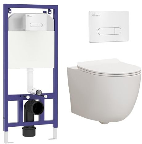 Wall Hung Toilet Pan Dual Concealed Cistern Frame Soft Close Seat & Chrome Flush Plate Abacus Rimless Toilet