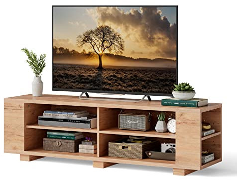 KOMFOTTEU Mobile TV Soggiorno fino a 65, Altezza Regolabile, Mobile Porta TV in Legno con 4 Scomparti Aperti, Mobile TV Basso Moderno, Mobiletto TV Multifunzione, 150 x 39 x 45 cm (Naturale)