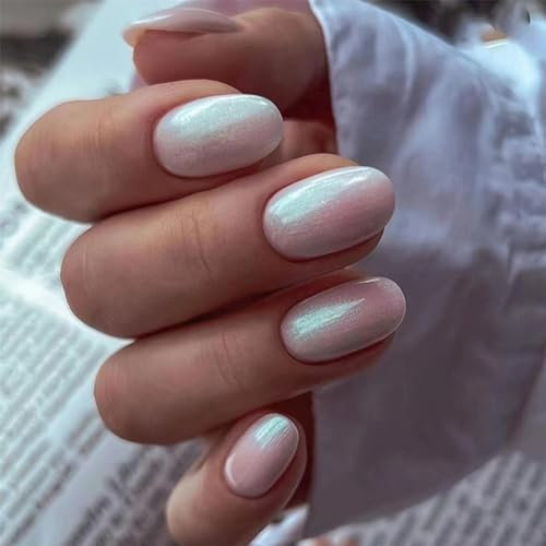 24pcs Short Oval False Nails Aurora Stick on Nails White Press on Nail Removable Full Cover Glue on Fake Nail Art Accessories for Women