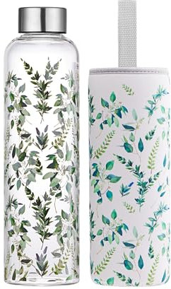 Autsel Glass Water Bottle 500ml Artistic Glass Drinking Bottle with Lid Leak Proof Borosilicate Water Bottle with Protection Sleeve, Fine Gifts for Girls and Women