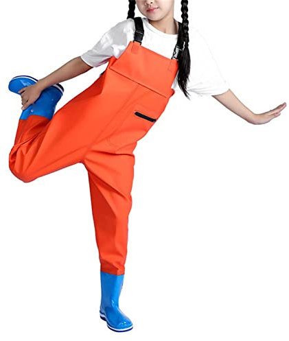 HWBZSZY Kinder Leichte Atmungsaktive Hip Watthosen Wasserdichte Wader Stiefel mit Verstellbarer Schultergurt und Tasche Angelbekleidung + Bootfoot für Jungen und Mädchen,Orange,31 EU