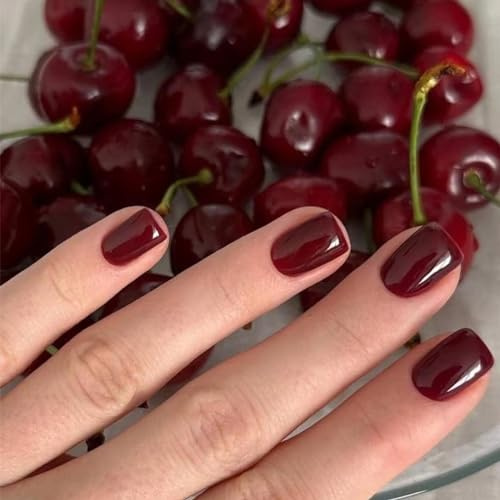 24Pcs Short False Nails - Red Square Press on Nails - Fake Nails with Glue - Stick on Nails in 12 Sizes - Full Cover Acrylic False Nail Tips for Women Girls Nail Art