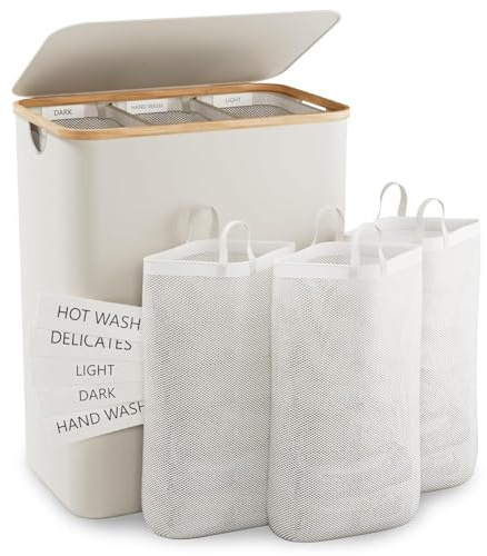 Bathola Wäschekorb mit Deckel 145L, Große Wäschesortierer 3 Fächern, Beige | Wäschesammler mit 3 herausnehmbaren Wäschesäcken, faltbarer Wäschetrenner aus Stoff für Bad, Schlafzimmer & Waschküche