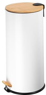 ECHTWERK Poubelle à pédale Skandi Look, Poubelle, Poubelle, Corps robuste en fer avec couvercle en bambou, Fonction Soft Close, Blanc, Capacité 30 litres