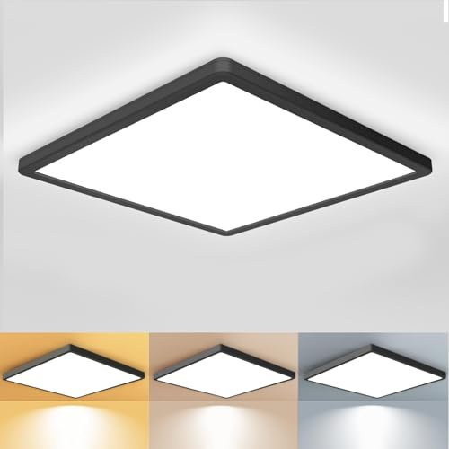 zemty LED Deckenleuchte Flach 24W 29.5cm, 3000K/4000K/6500K Deckenlampe | Schwarz, Eckig Panel, 3 Farben, Ultra Dünn Lampen Deckenlampen Badezimmer Modern Lampe Decke für Bad Schlafzimmer Küche Flu