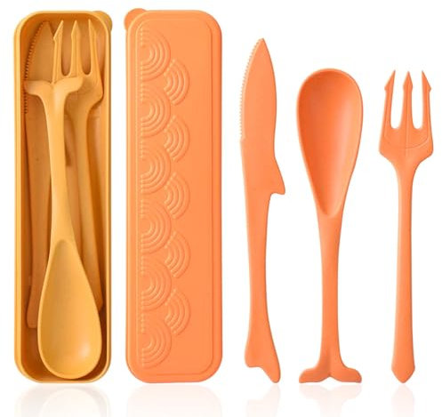 Erelaer Lot de 2 Set de Couverts Réutilisables (Thème Océan) – Avec Étui, Cuillère/Fourchette/Couteau en Plastique pour Pique-nique, École, Bureau, Boîte à Déjeuner (Orange, Jaune)