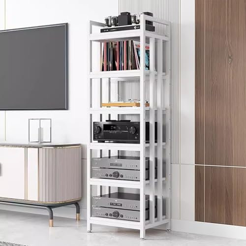 audio rack hifi regal 160cm Hoch AV-Medienregal mit Rutschfestem Fußpolster, 6 Ablageflächen Offenes Ende Stereo-Komponenten-Schrank für Aufnahmeraum/Heimkino/Schlafzimmerecke, Platzsparend(White Fram