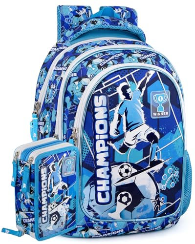 Clondo Schoolpack Julian Ross Champions Azzurro Zaino Scuola Elementare Con Astuccio 3 Scomparti Riempito Bambina, Regalo, Multizip, Per Napoli Fan