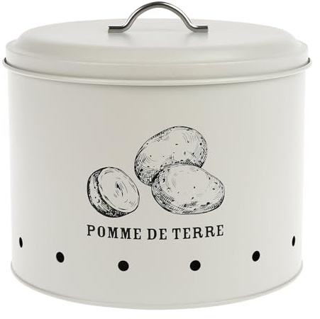 Gimel 528252 Metalldose für Kartoffeln – 8 Liter Ø 22,5 cm H 22 cm – Farbe Beige – Aufbewahrungsbox für die Küche Farbe Beige Dekor Kartoffel
