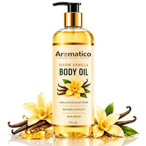 Aromatico Warm Vanilla Body Oil for Women - 7 fl oz | Moisturizing Scented Body Oil for After Shower Daily Use | Cozy, Creamy Vanilla Scent