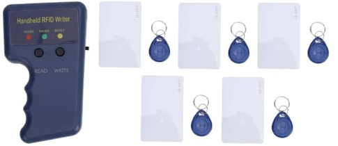 Copiadora RFID Portátil 125 Khz, Lector Escritor de Mano para Duplicar Tarjetas EM4100, Llaves y Llaveros + 5 Tarjetas Blancas + 5 Llaveros Grabables