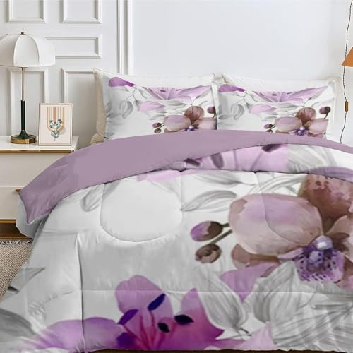 TMMDH Bettdecke 200x220 Ohne Bezug Nutzbar, Blume Lila Bettdecken Waschbar Ganzjahresdecke Retro Stil 4 Jahreszeiten Steppdecke, Bettzeug Microfaser mit 2 Kissenbezug für Sommer Winter Doppelbett