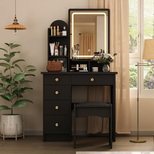 DEZAGCE Coiffeuse avec éclairage LED réglable et grand miroir, table de maquillage avec 5 tiroirs, table de maquillage avec tabouret, coiffeuses, grand espace de rangement, noir, MDF, 80 L x 40 P x