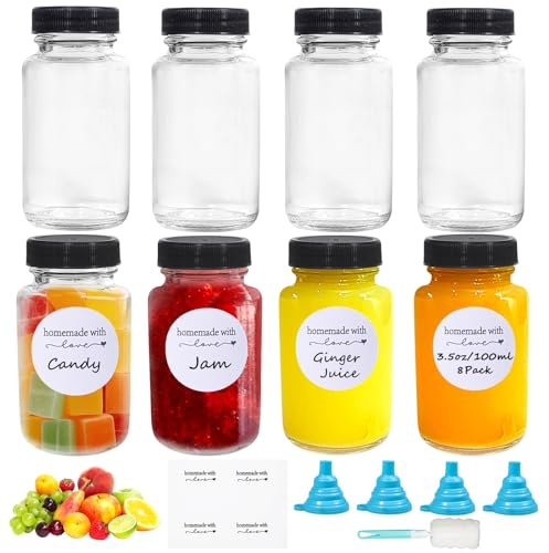 Amentalove 8 Pcs Glass Shot Bottles with Lids, 3.5oz /100 ml Glass Juice Bottles with Wide Mouth, Reusable Small glass Bottle with Labels Funnel, Small Jars with Lids for Ginger Juice Milk
