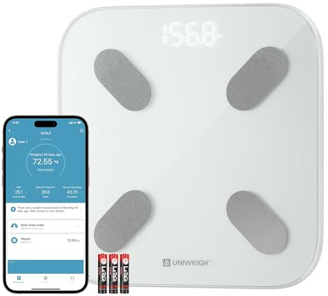 UNIWEIGH Balance intelligente pour le poids corporel,Balance de graisse corporelle Bluetooth pour salle de bain Moniteurs de composition avec APP,Analyseur pour IMC,masse musculaire,protéine,Max 400lb