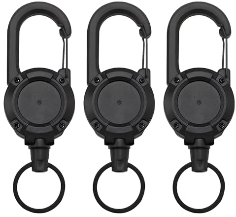 Indragbar ID-hållare, 3 delar, svart med stålkabel, 80 cm, utdragbar nyckelhållare med karbinhake, för identifiering, säkerhet, arbete, fritid
