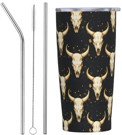 Vaso aislado de acero inoxidable con diseño de calavera de oveja negra y dorada con tapa y popote, vasos aislados de acero inoxidable, taza de café personalizada para viaje, botella de agua