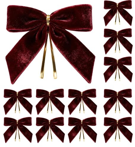 hankousi Lot de 12 nœuds pour décoration de sapin de Noël, nœuds en velours rouge vin pour guirlande de sapin de Noël, loisirs créatifs, emballage, décoration de vacances, de mariage