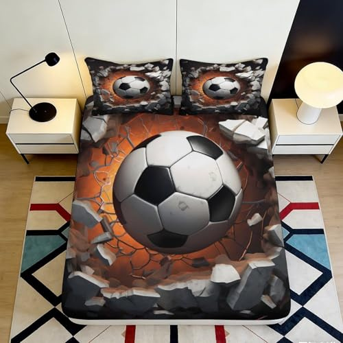 Drap Housse 3D imprimé Football Microfibre Grande Poche Chambre Linge de lit Football Housse Matelas adaptée 90x200x25cm 90x200x25cm