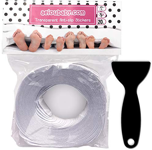 aeioubaby.com 20 Tiras Antideslizantes Transparentes para Escalera | Pegatinas Rugosas para Mejor Agarre en Peldaños | Bandas Adhesivas Discretas de 65x3 cm para Mayor Seguridad | Rascador Incluido