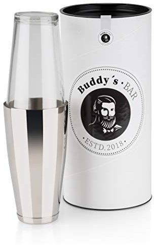Buddy´s Bar - Boston Shaker, Bicchiere in Acciaio Inossidabile Lucido da 700ml + Bicchiere in Vetro da 400ml, Lavabile in lavastoviglie, Elegante Shaker per Cocktail con Confezione Regalo Inclusa