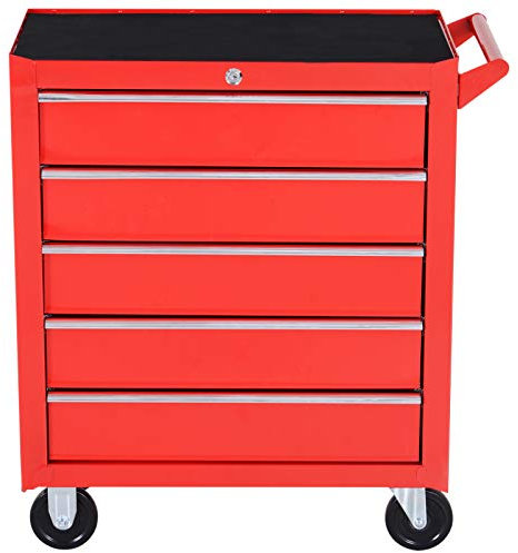 DURHAND Professional 5 Drawer Roller Tool Cabinet Storage Box Workshop Chest Garage 4 Smooth Wheels Wheeling Trolley w/Handle - Red