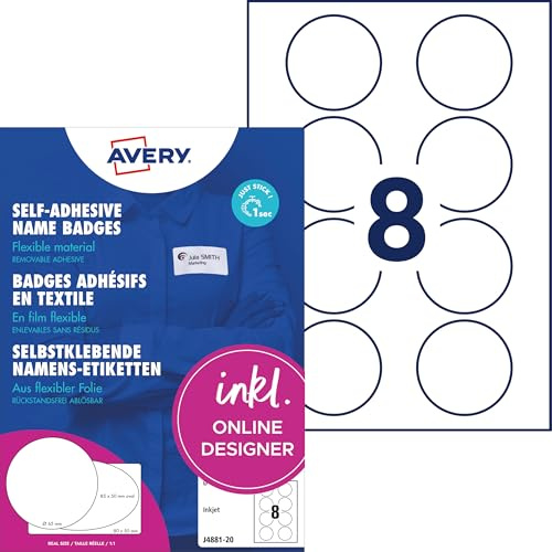 Avery Zweckform J4881-20 Namensetiketten (160 Namensaufkleber rund, Ø65mm auf A4, selbstklebend, bedruckbare runde Textiletiketten für Inkjetdrucker, rückstandsfrei ablösbar) 20 Blatt, weiß