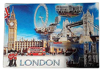 Kühlschrankmagnet mit Fotocollage, Motiv: London, blauer Himmel, Big Ben, Tower Bridge, Westminster Abbey, roter Doppeldeckerbus, Royal Guard, Union Jack, britisches Souvenir aus England