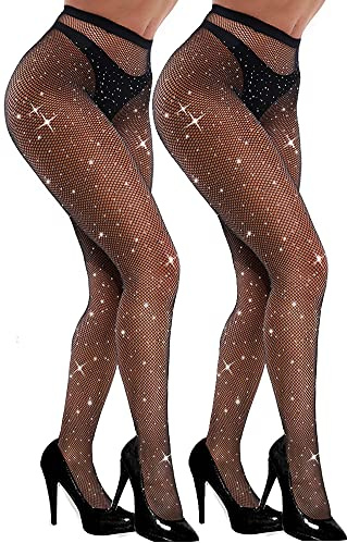 VEBZIN 2 Pack Sparkly Tights Black Fishnet Tights For Women Rhinestone Fishnets Stockings