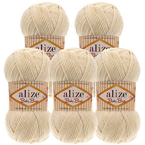 5 x 100g Strickgarn ALIZE Baby Best uni Babywolle Wolle Antipilling 44 Farben, Farbe:01 creme