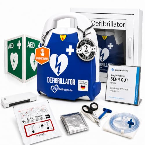 AED Defibrillator Komplett Set [2 Jahre Garantie] Halbautomat, manuelle Schockauslösung, Metallwandschrank, Erste Hilfe Set, 6 J. Batterie, für Betrieb, Gemeinde, Verein & Praxis
