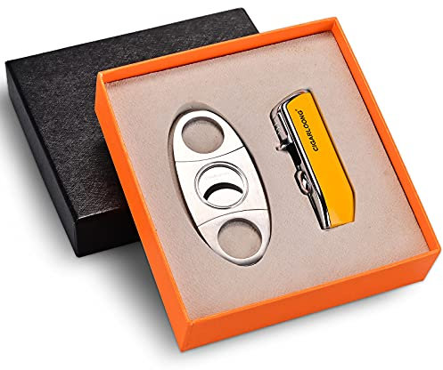 CIGARLOONG Zigarrenschneider und Feuerzeug Set Gelb Doppelklinge Einfache Zigarrencutter und 3 Jet Torch Blue Flames Nachfüllbares Feuerzeug mit Geschenkbox