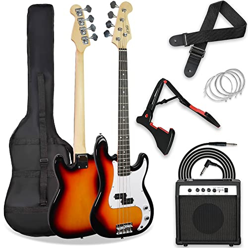 3rd Avenue Gitarrpaket för nybörjare med halvakustisk elektrisk -basgitarr i fullstorlek 4/4 med 15 W förstärkare, fodral, kabel, axelband, stativ och extrasträngar – sunburst-färgad