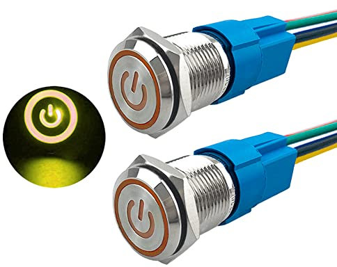 Aiqeer 2 Piezas 16 mm Interruptores de Botón Autoblocante, 12V / 24V 5A Interruptor de Botón LED Amarillo, Interruptor Pulsador Metálico Impermeable, con Enchufe Precableado