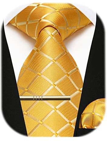 Enlision Gelb karierte Herren Krawatte und Einstecktuch mit Krawattenklammer Set Business Hochzeit für Herren Krawatte & Einstecktuch & Krawattennadel Sets,Gelb