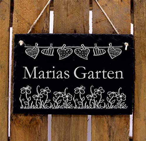Garten Schild mit Wunschnamen Türschild Schiefer Schild Gravur Gartendeko für draußen personalisiert 22 x 16 cm