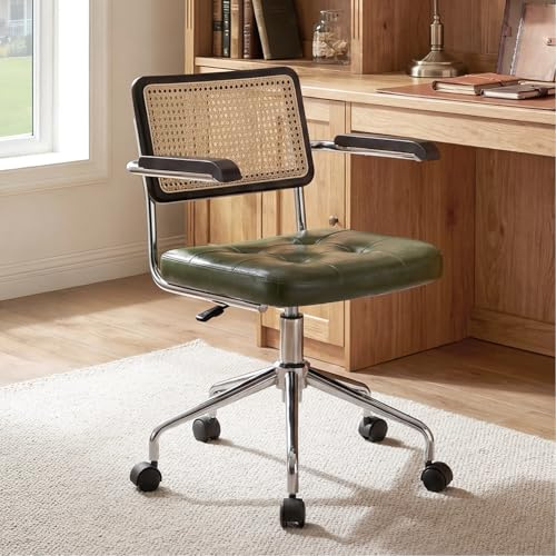 Zesthouse Modern Home Office Chair Leather Desk Chair with Rattan Back, Vanity Chair for Girls Women, Upholstered Tufted Swivel Armchair for Bedroom, Height Adjustable Computer Task Chair