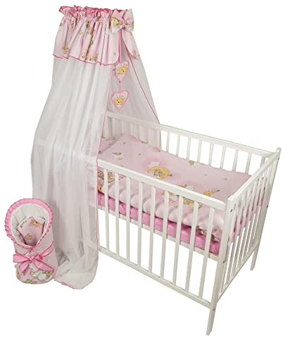 Bello24 - 12 Teiliges Babybett Kinderbett und Bettwäsche komplett Set Happy höhenverstellbar für Neugeborene Babys und Kleinkinder aus Massivholz (Rosa - Teddybär auf Leiter)