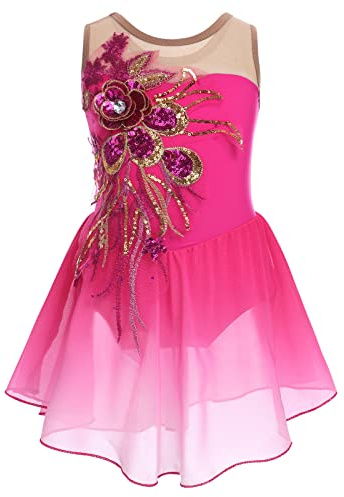 FYMNSI Robe de patinage artistique pour filles avec paillettes et fleurs, robe de ballet en mousseline pour danse, sans manches, justaucorps de gymnastique, vêtements de ballet pour 3-12 ans, rose, 11