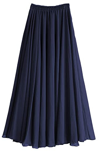 Mujer Chiffon Falda A-Line Longitud Total o del Tobillo Cintura Elástica Plisado Hada Faldas Larga Azul Marino,L