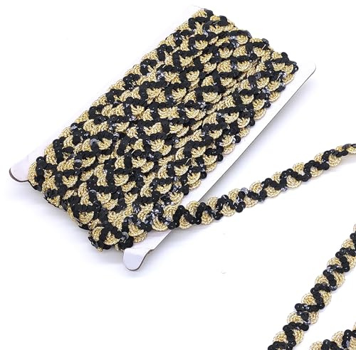 Hayaww 12 M 18 mm Wellen Glänzendes Pailletten Stoff Ribbon Trim Paillette band GlitzerPailletten Bänder Borten Pailletten band Gewebte Paillettenband für DIY Nähen Kostüme,Handwerk(Goldener Boden)
