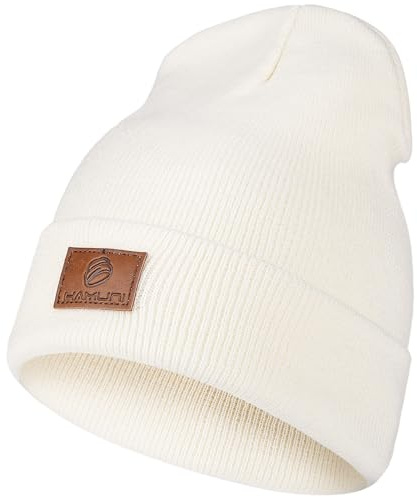 HAMUNI Gorro para hombre y mujer, gorro de invierno clásico, cómodo, transpirable, suave, acrílico, gorro de punto, vintage, monocolor, puños, unisex, Blanco, Talla única