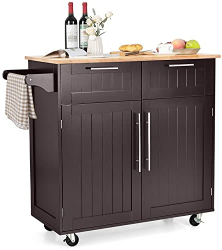 KOMFOTTEU Küchenwagen mit Arbeitsplatte, Kücheninsel mit Rollen, Servierwagen mit 2 Schubladen und Türen, Rollwagen große aus Holz, Küchentrolley 94 x 45,5 x 94,5 cm (Kaffee)