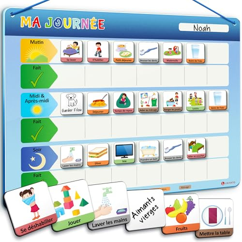 LIKARTO® Planning journalier pour Enfants - Tableau magnétique Montessori Enfants avec 147 aimants et cordelette - Entièrement inscriptible et effaçable - Apprendre Les routines Quotidiennes
