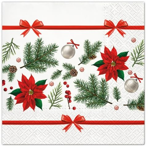 20 Servietten Weihnachten Weihnachtsstern an roten Schleifen als Tischdeko. Papierservietten mit Motiv. Auch für Decoupage und Serviettentechnik 33x33cm