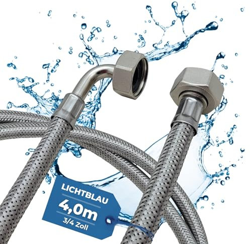 Lichtblau Manguera de acero inoxidable resistente a dobleces, 4,0 m, conexión de 3/4 pulgadas, lavadora y lavavajillas, manguera blindada angular/recta, incluye junta, uso universal
