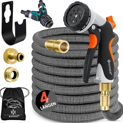 KESSER® flexibler Gartenschlauch 15 m, dehnbarer Flexischlauch, Wasserschlauch mit 3-fach Latexkern, 8 Modi Sprühpistole, Messing Anschlüsse + Wandhalterung, 1/2 & 3/4 Adapter & Tasche, Anthrazit