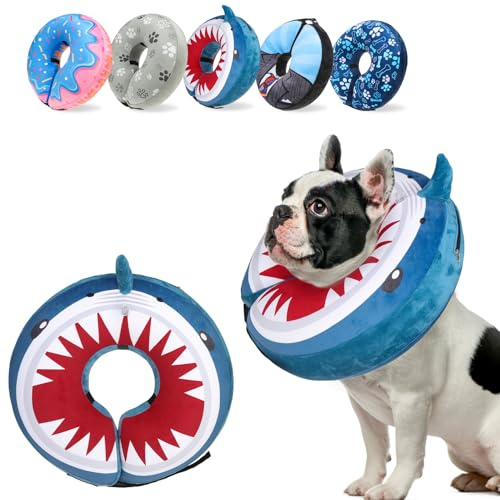 SCENEREAL Dog Cone Alternative After Surgery Pet Recovery Collar for Small Medium Large Dogs Cats, Adjustable Inflatable Donut to Prevent Licking, Shark Print E-Collars