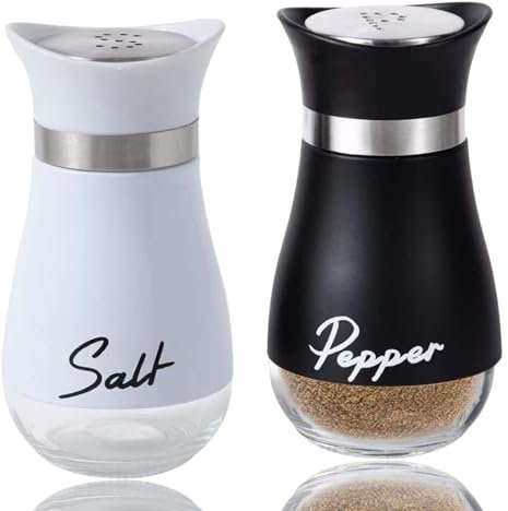 Quixotical Juego de Salero y Pimentero 120 ml, Acero Inoxidable con Base de Vidrio, Dispensador de Especias para Cocina, Barbacoa y Picnic