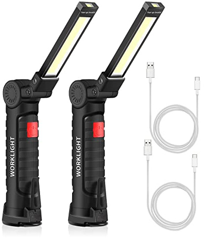 Lampada da lavoro COB da 2 pezzi, torcia LED portatile, luce di ispezione, dimensione L. Torcia rotante a 360°, ricaricabile tramite USB, cinque modalità di illuminazione, adatta per garage, magazzini